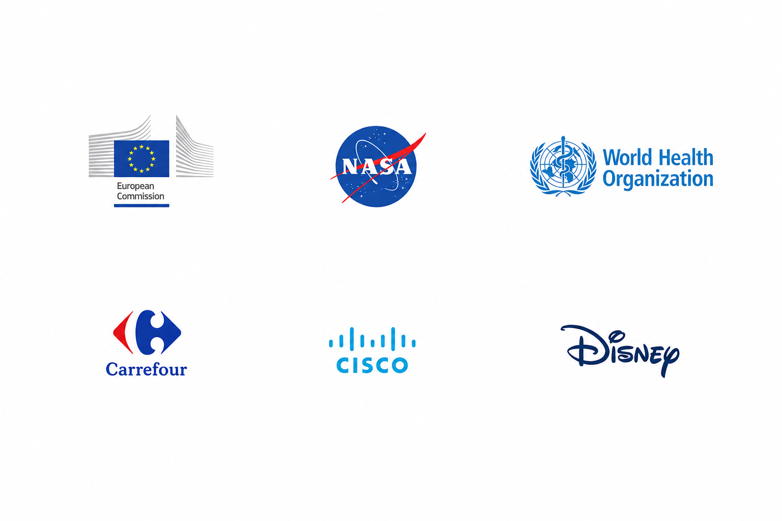 Client logos including European Union, WHO, Cisco, and more